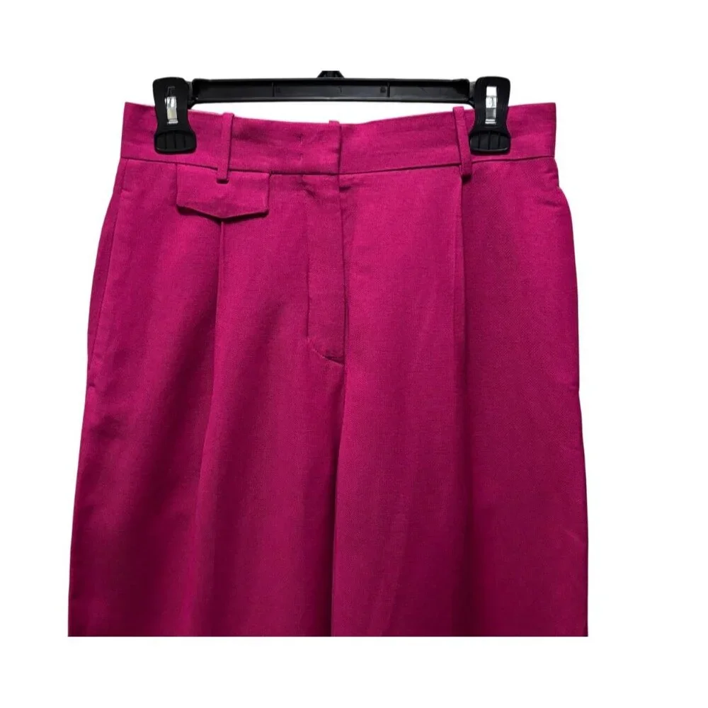 COS Womens Fuchsia Wide-Leg Pleated Linen-Blend Trousers Size 4